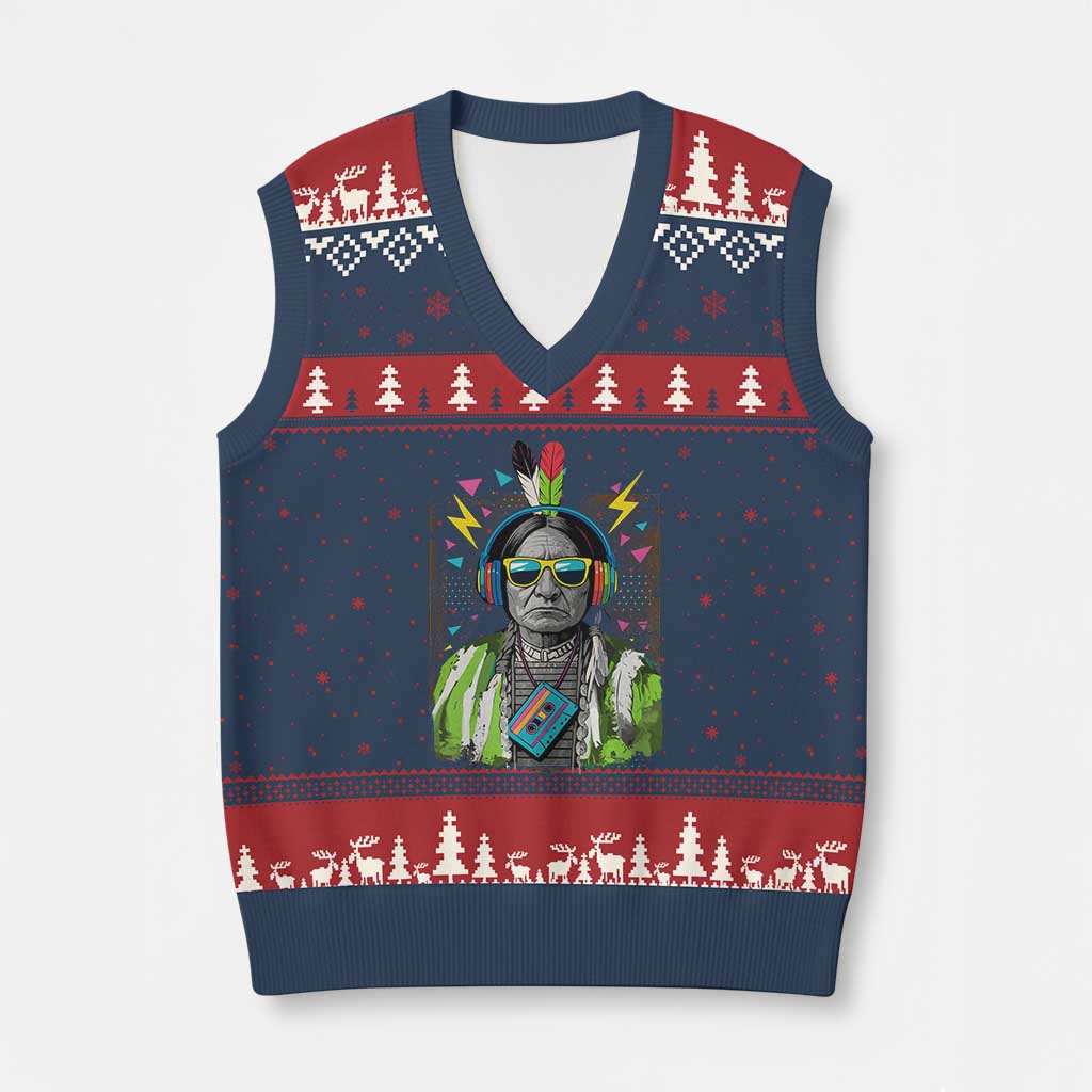 Funny Sitting Bull 90s Nostalgia Pop Art V-Neck Knit Sweater Vest Retro Native American Chief - Wonder Print Shop