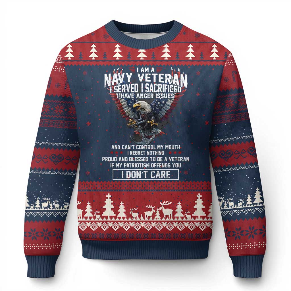 I Am Navy Veteran Ugly Christmas Sweater I Served I Sacrificed I have Anger Issues Bald Eagle USA Flag - Wonder Print Shop