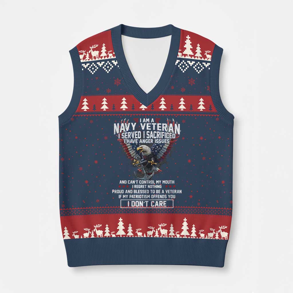 I Am Navy Veteran V-Neck Knit Sweater Vest I Served I Sacrificed I have Anger Issues Bald Eagle USA Flag - Wonder Print Shop