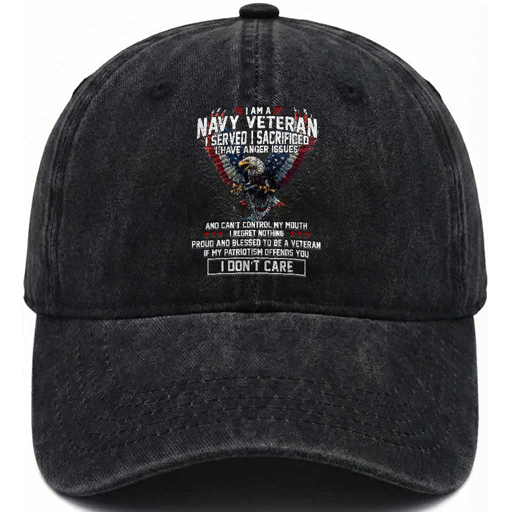 I Am Navy Veteran Washed Cotton Baseball Cap I Served I Sacrificed I have Anger Issues Bald Eagle USA Flag