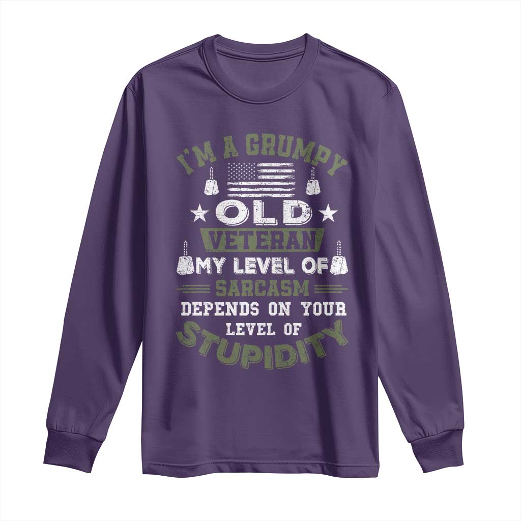 I Am A Grumpy Old Veteran My Level Of Sarcasm Depends On Your Level Of Stupidity Long Sleeve Shirt - Wonder Print Shop