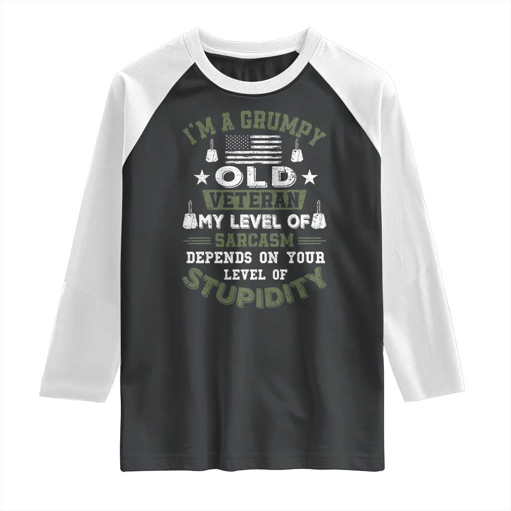 I Am A Grumpy Old Veteran My Level Of Sarcasm Depends On Your Level Of Stupidity Raglan Shirt - Wonder Print Shop
