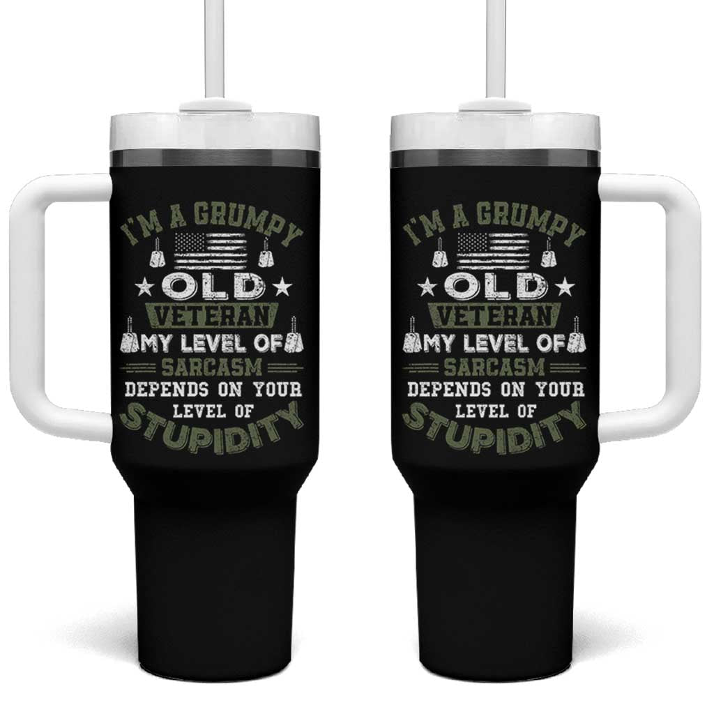 I Am A Grumpy Old Veteran My Level Of Sarcasm Depends On Your Level Of Stupidity Tumbler With Handle - Wonder Print Shop