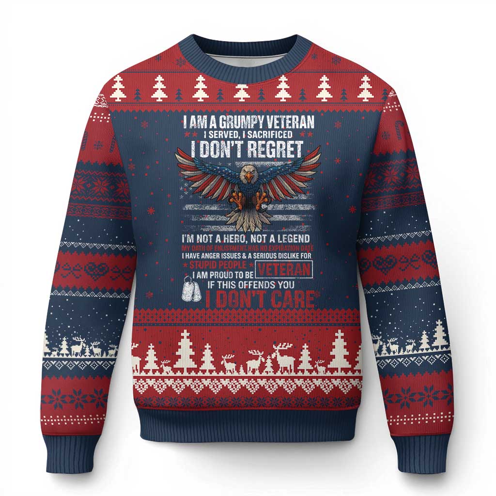 I Am A Grumpy Veteran I Served I Sacrificed I Dont Regret Ugly Christmas Sweater American Flag Bald Eagle - Wonder Print Shop