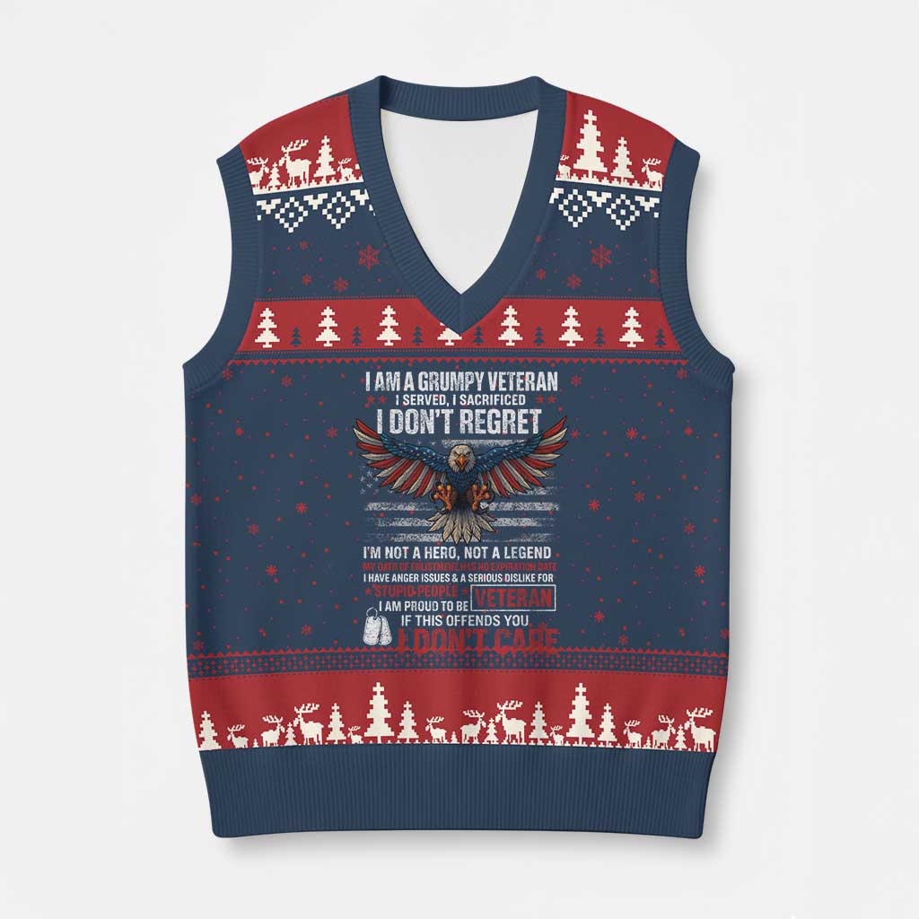 I Am A Grumpy Veteran I Served I Sacrificed I Dont Regret V-Neck Knit Sweater Vest American Flag Bald Eagle - Wonder Print Shop