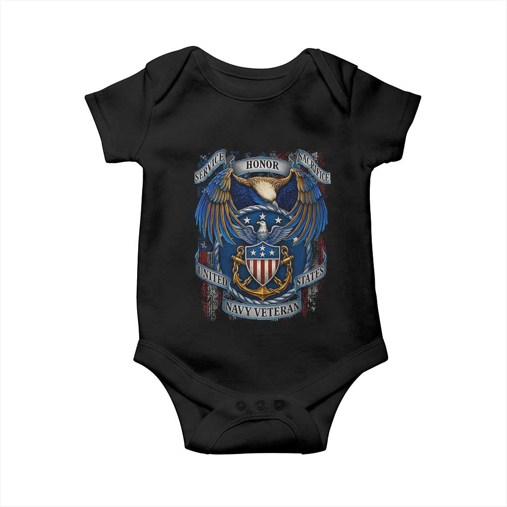 US Navy Veteran Service Honor Sacrifice Baby Onesie Vintage Bald Eagle American Flag Anchor - Wonder Print Shop