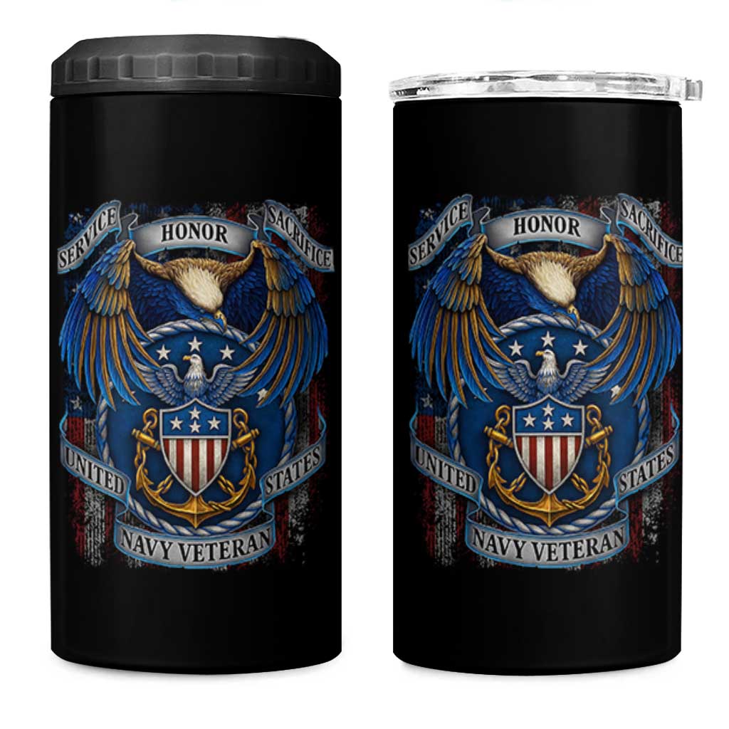 US Navy Veteran Service Honor Sacrifice 4 in 1 Can Cooler Tumbler Vintage Bald Eagle American Flag Anchor - Wonder Print Shop