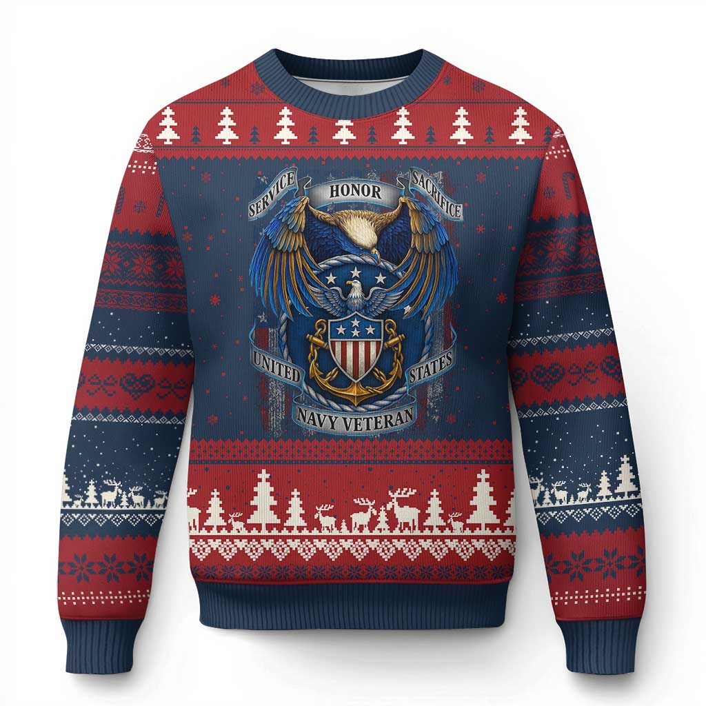 US Navy Veteran Service Honor Sacrifice Ugly Christmas Sweater Vintage Bald Eagle American Flag Anchor - Wonder Print Shop