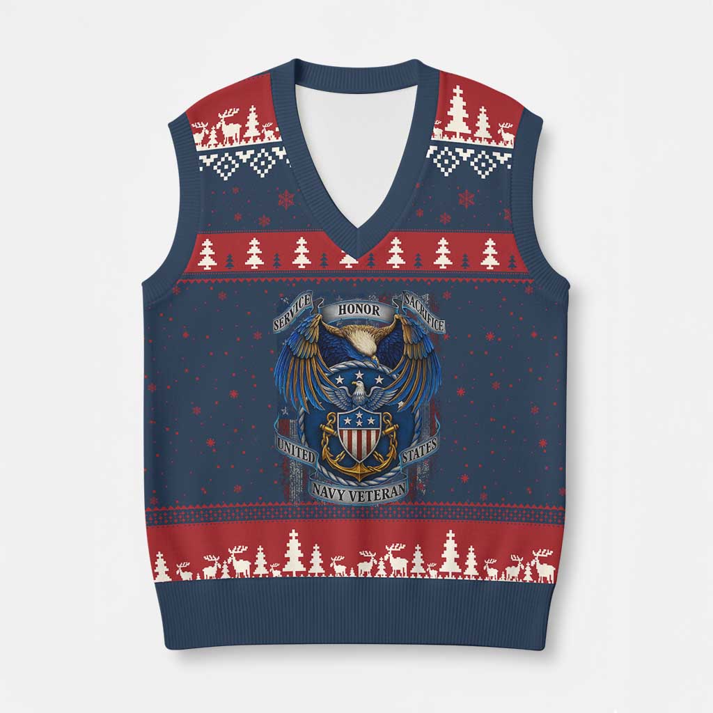 US Navy Veteran Service Honor Sacrifice V-Neck Knit Sweater Vest Vintage Bald Eagle American Flag Anchor - Wonder Print Shop