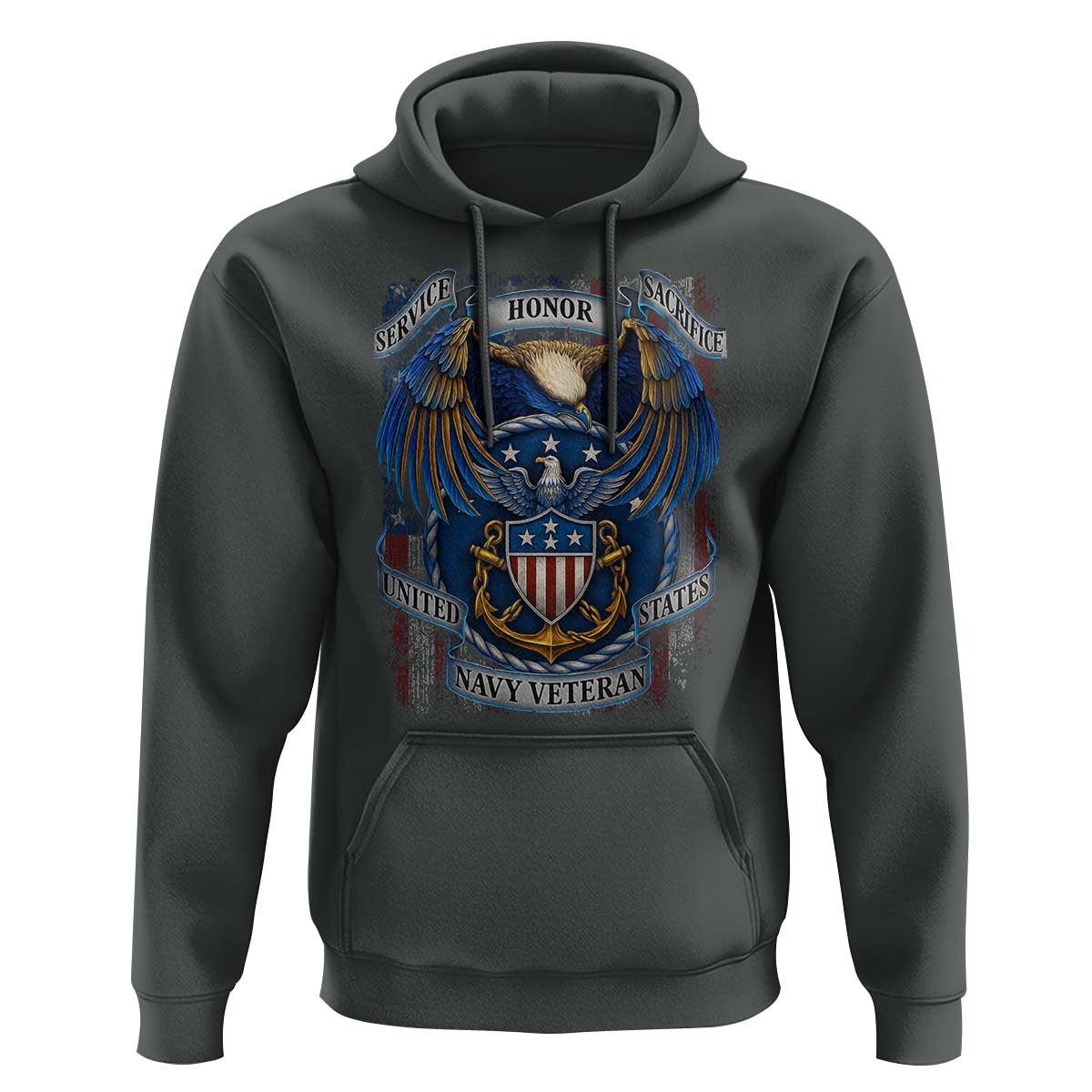 US Navy Veteran Service Honor Sacrifice Hoodie Vintage Bald Eagle American Flag Anchor - Wonder Print Shop