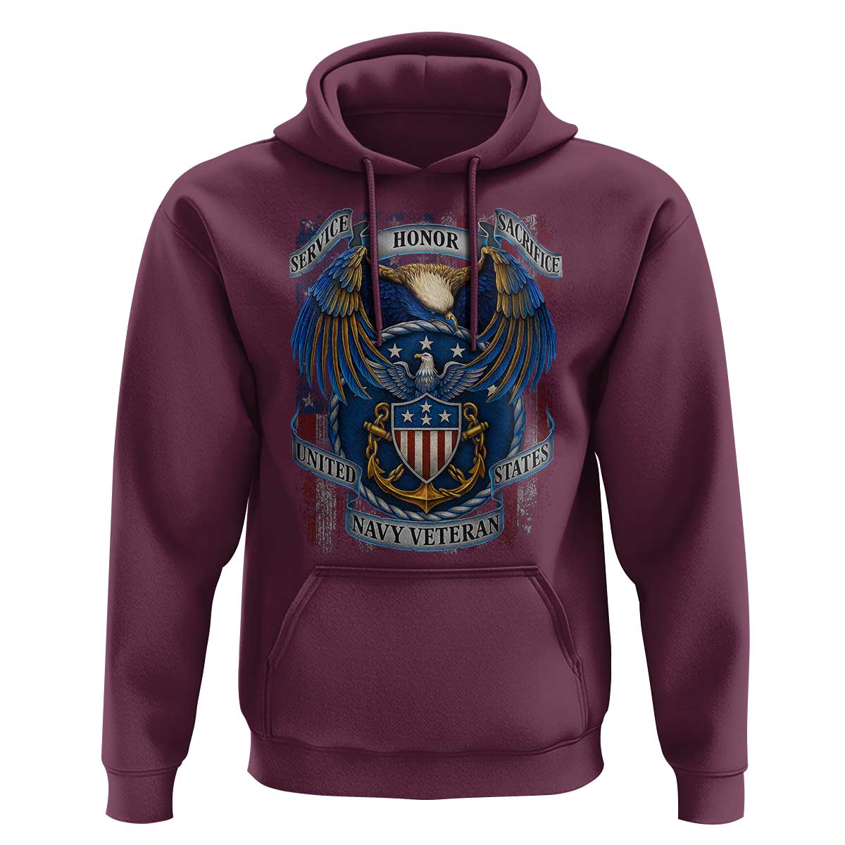 US Navy Veteran Service Honor Sacrifice Hoodie Vintage Bald Eagle American Flag Anchor - Wonder Print Shop