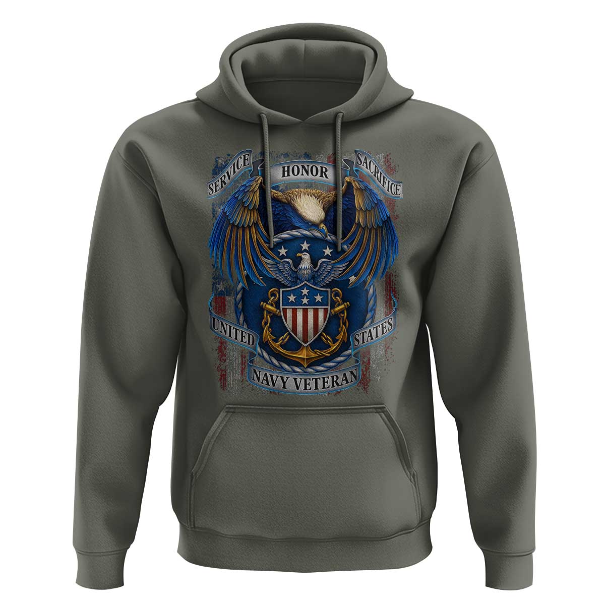 US Navy Veteran Service Honor Sacrifice Hoodie Vintage Bald Eagle American Flag Anchor - Wonder Print Shop
