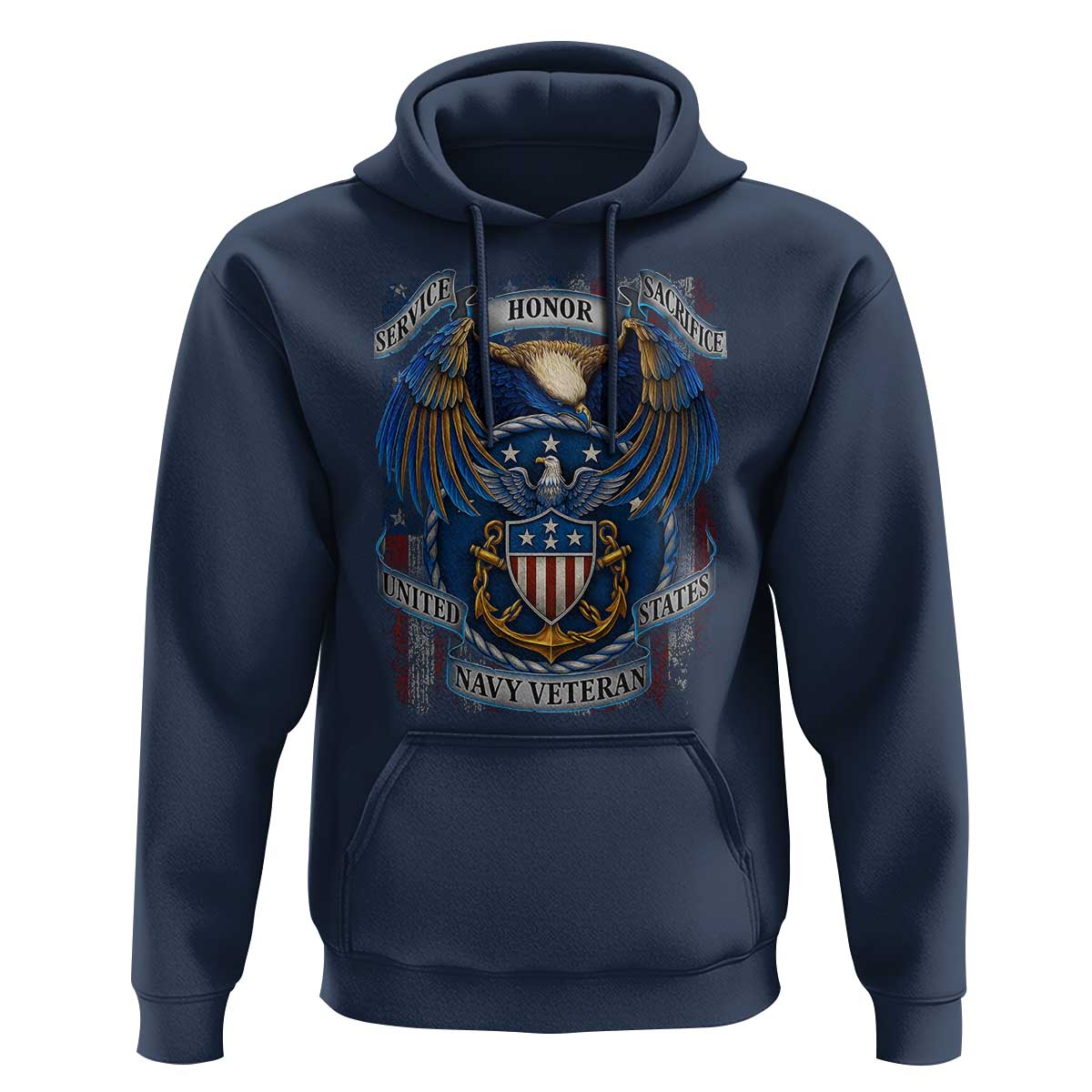 US Navy Veteran Service Honor Sacrifice Hoodie Vintage Bald Eagle American Flag Anchor - Wonder Print Shop