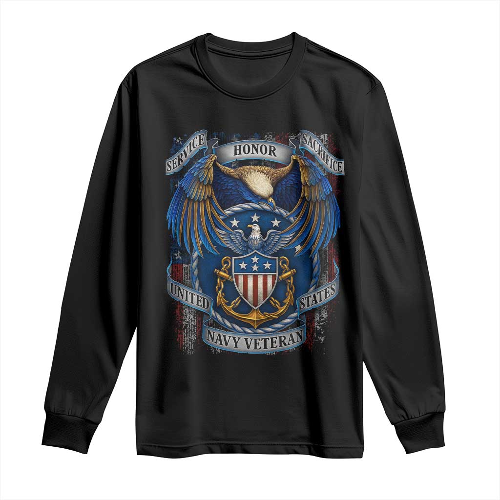 US Navy Veteran Service Honor Sacrifice Long Sleeve Shirt Vintage Bald Eagle American Flag Anchor - Wonder Print Shop