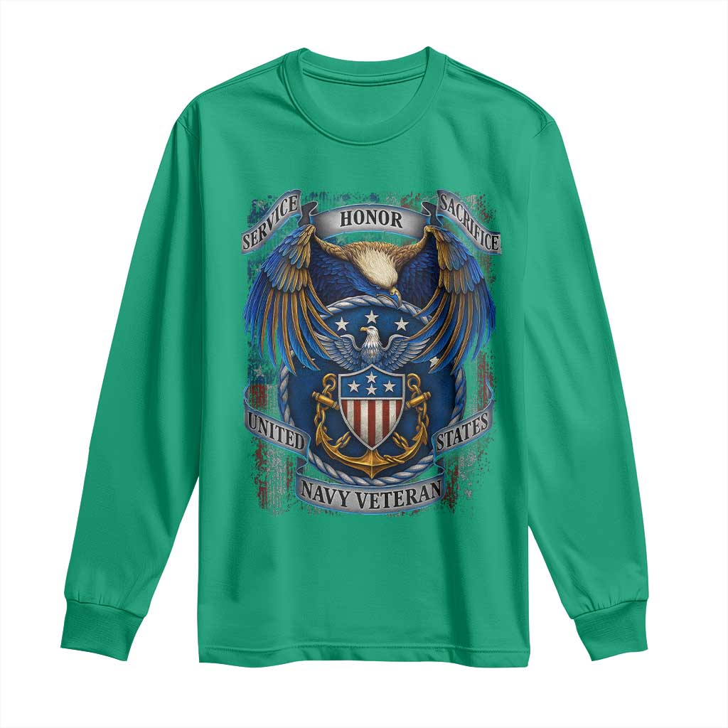 US Navy Veteran Service Honor Sacrifice Long Sleeve Shirt Vintage Bald Eagle American Flag Anchor - Wonder Print Shop