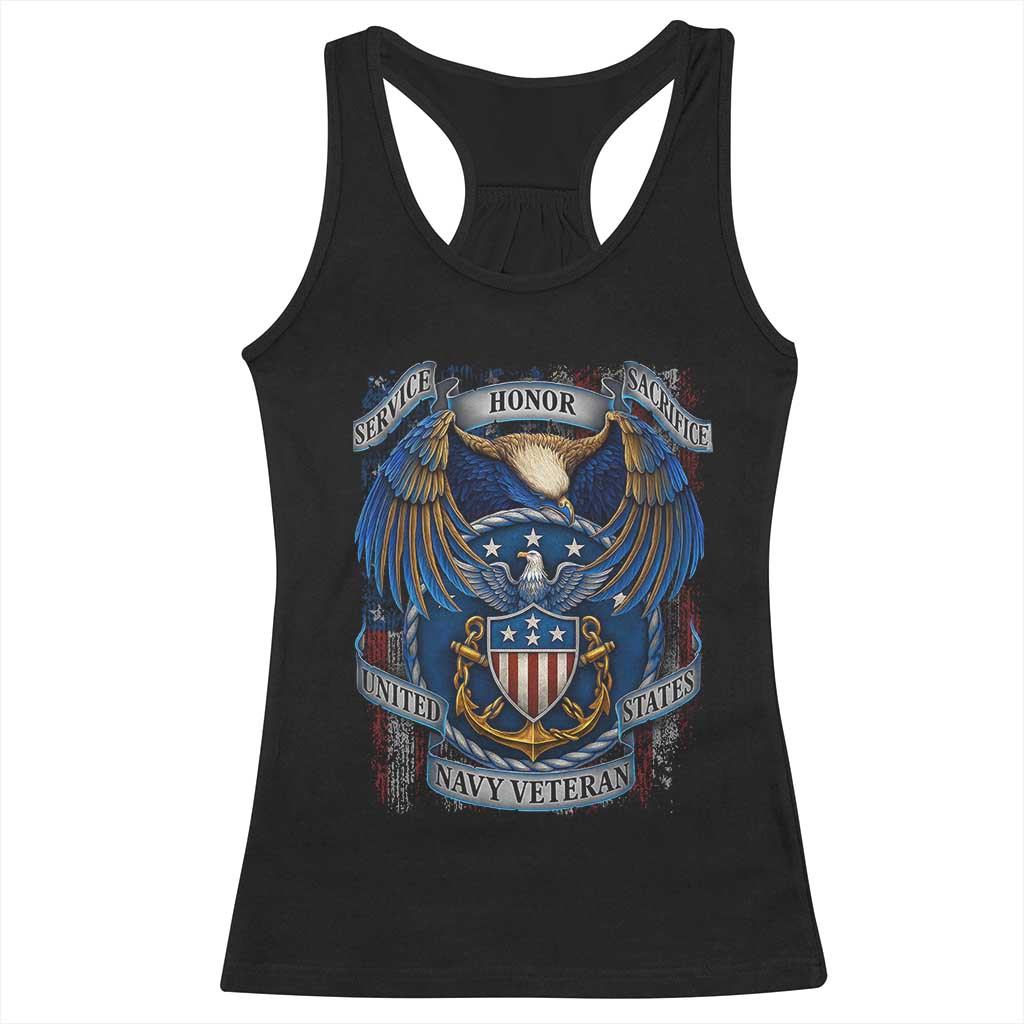 US Navy Veteran Service Honor Sacrifice Racerback Tank Top Vintage Bald Eagle American Flag Anchor - Wonder Print Shop