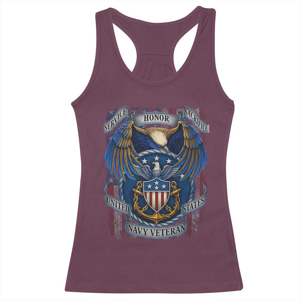 US Navy Veteran Service Honor Sacrifice Racerback Tank Top Vintage Bald Eagle American Flag Anchor - Wonder Print Shop