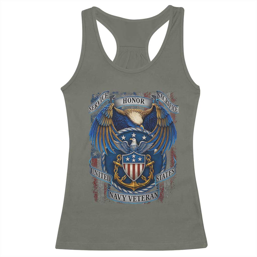 US Navy Veteran Service Honor Sacrifice Racerback Tank Top Vintage Bald Eagle American Flag Anchor - Wonder Print Shop