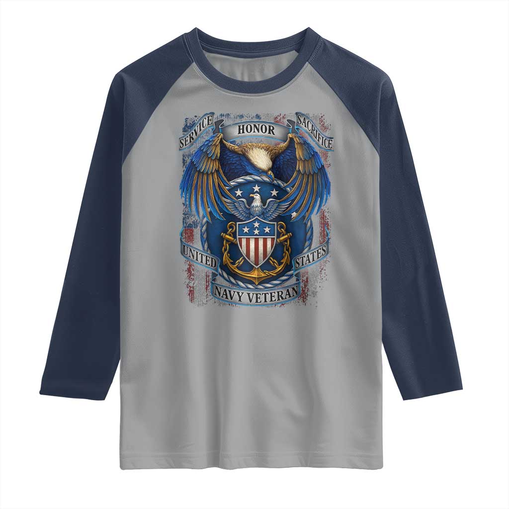 US Navy Veteran Service Honor Sacrifice Raglan Shirt Vintage Bald Eagle American Flag Anchor - Wonder Print Shop