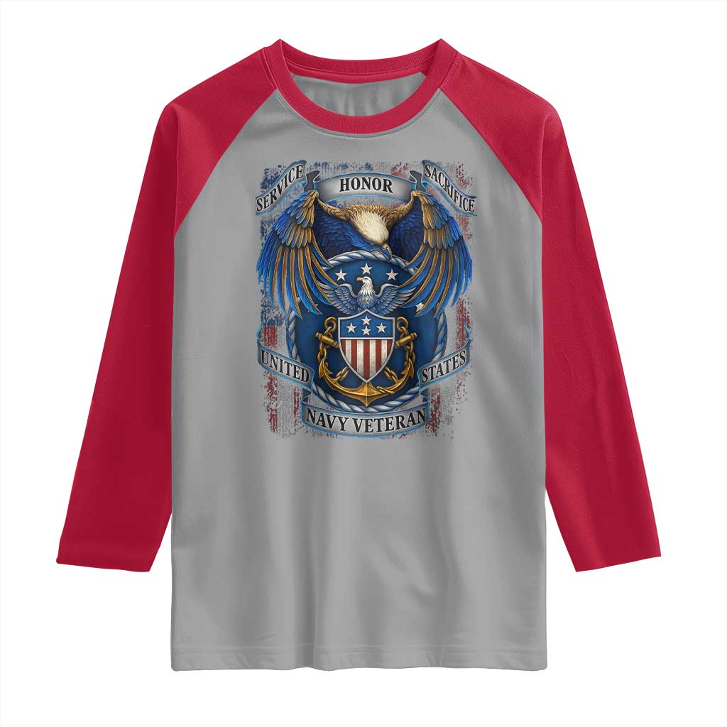 US Navy Veteran Service Honor Sacrifice Raglan Shirt Vintage Bald Eagle American Flag Anchor - Wonder Print Shop