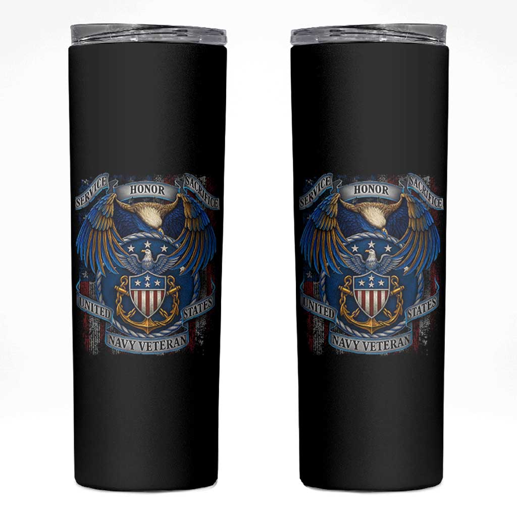 US Navy Veteran Service Honor Sacrifice Skinny Tumbler Vintage Bald Eagle American Flag Anchor - Wonder Print Shop