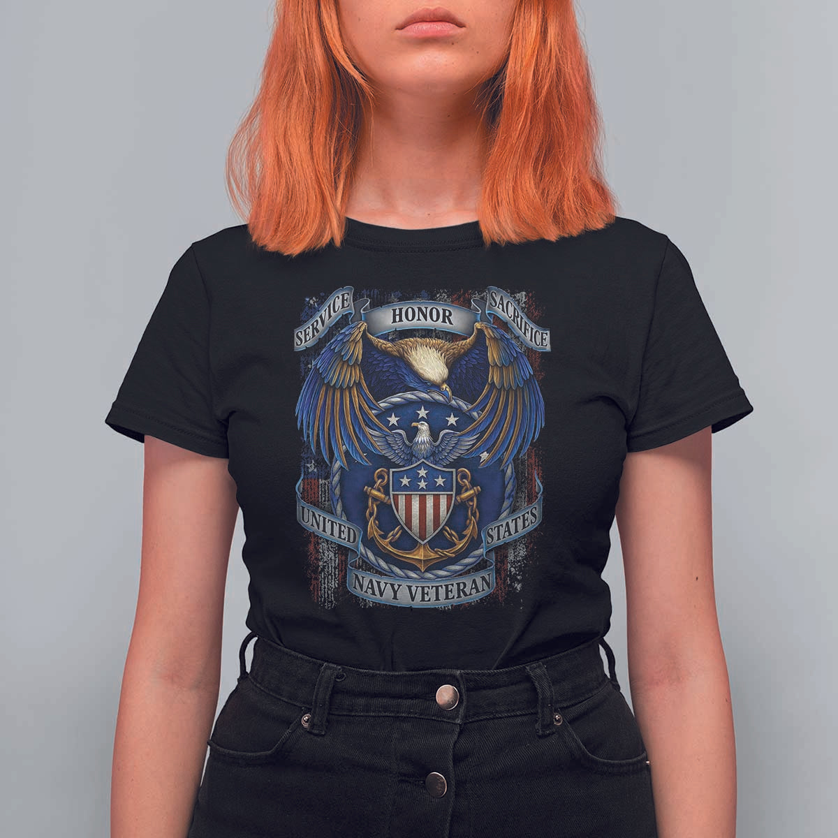 US Navy Veteran Service Honor Sacrifice T Shirt For Women Vintage Bald Eagle American Flag Anchor - Wonder Print Shop