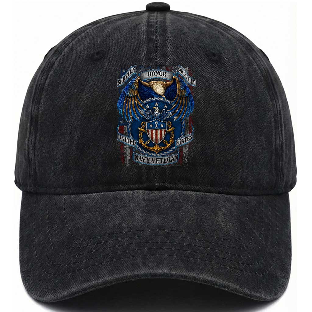 US Navy Veteran Service Honor Sacrifice Washed Cotton Baseball Cap Vintage Bald Eagle American Flag Anchor