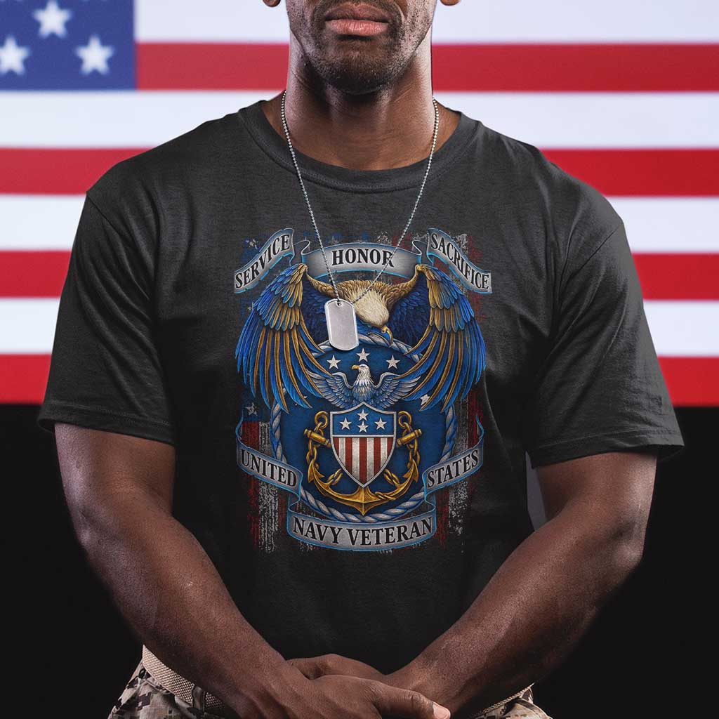 US Navy Veteran Service Honor Sacrifice T Shirt Vintage Bald Eagle American Flag Anchor - Wonder Print Shop