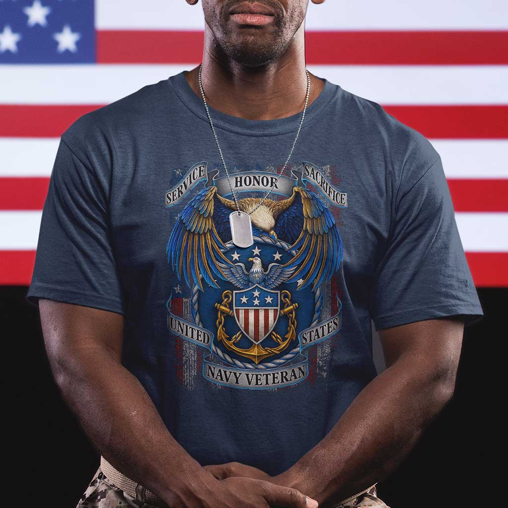 US Navy Veteran Service Honor Sacrifice T Shirt Vintage Bald Eagle American Flag Anchor - Wonder Print Shop
