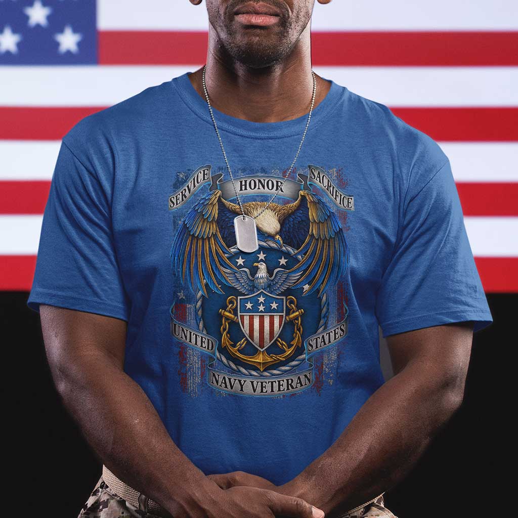 US Navy Veteran Service Honor Sacrifice T Shirt Vintage Bald Eagle American Flag Anchor - Wonder Print Shop