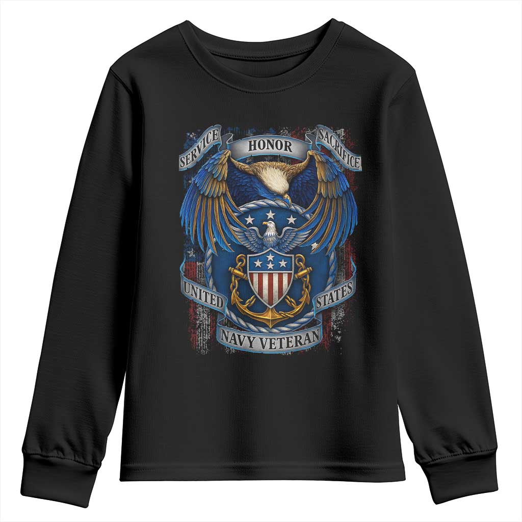 US Navy Veteran Service Honor Sacrifice Youth Sweatshirt Vintage Bald Eagle American Flag Anchor - Wonder Print Shop