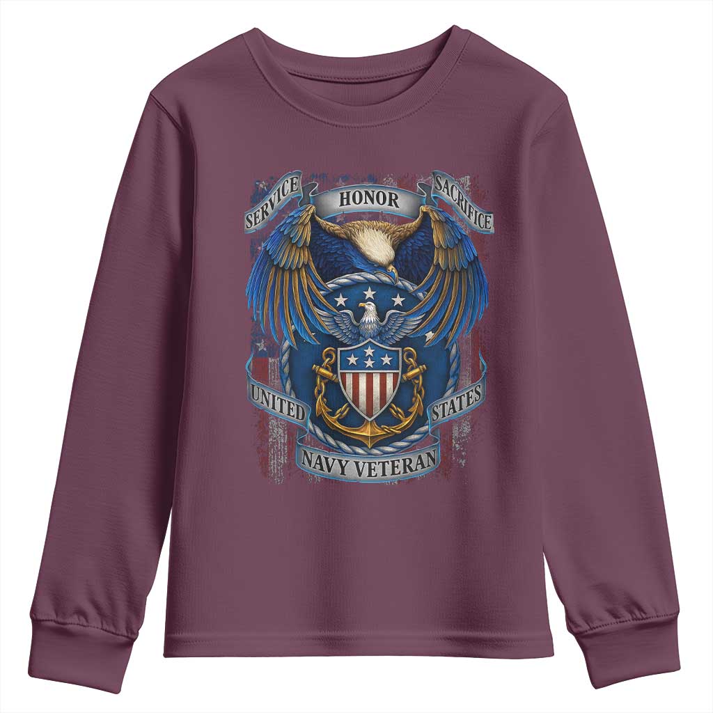 US Navy Veteran Service Honor Sacrifice Youth Sweatshirt Vintage Bald Eagle American Flag Anchor - Wonder Print Shop