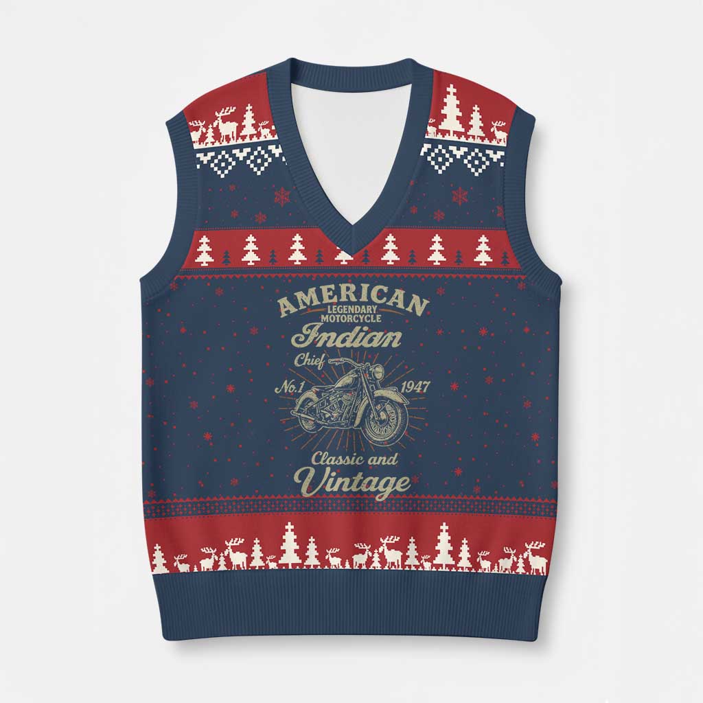 American Legendary Motorcycle Indian Chief V-Neck Knit Sweater Vest Classic And Vintage Bikers Club - Wonder Print Shop