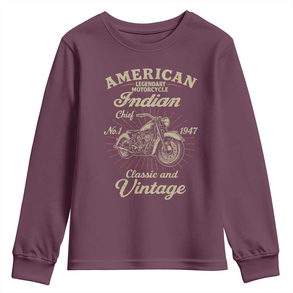 American Legendary Motorcycle Indian Chief Youth Sweatshirt Classic And Vintage Bikers Club - Wonder Print Shop