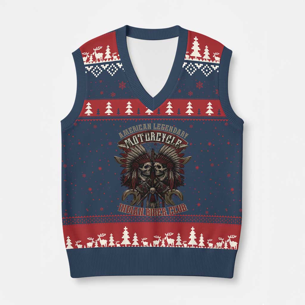 American Legendary Motorcycle Indian Biker Club V-Neck Knit Sweater Vest Vintage Native American Skull Chief - Wonder Print Shop