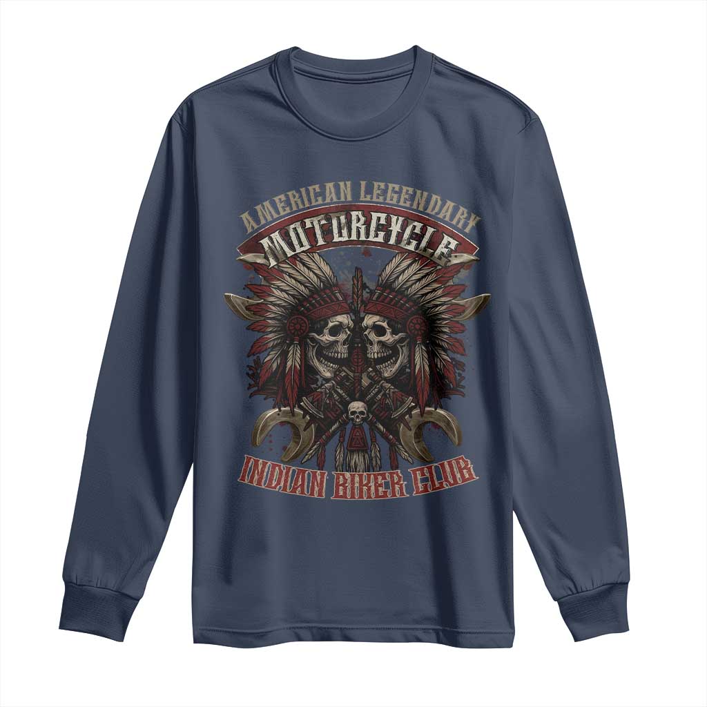 American Legendary Motorcycle Indian Biker Club Long Sleeve Shirt Vintage Native American Skull Chief - Wonder Print Shop