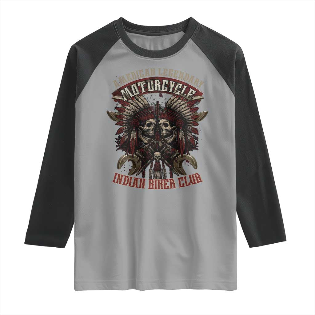 American Legendary Motorcycle Indian Biker Club Raglan Shirt Vintage Native American Skull Chief - Wonder Print Shop