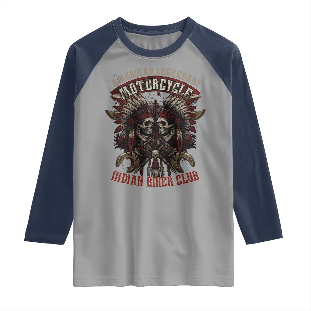 American Legendary Motorcycle Indian Biker Club Raglan Shirt Vintage Native American Skull Chief - Wonder Print Shop