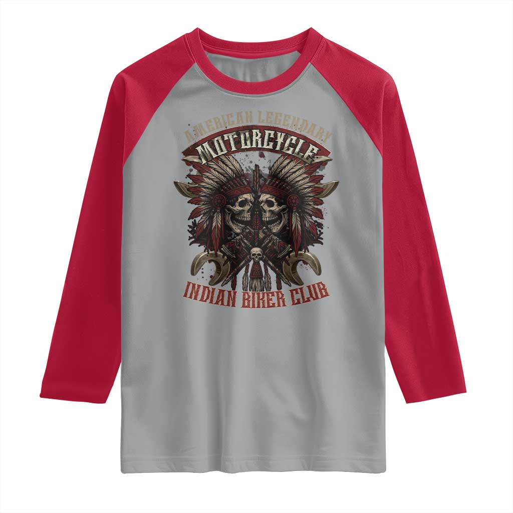 American Legendary Motorcycle Indian Biker Club Raglan Shirt Vintage Native American Skull Chief - Wonder Print Shop