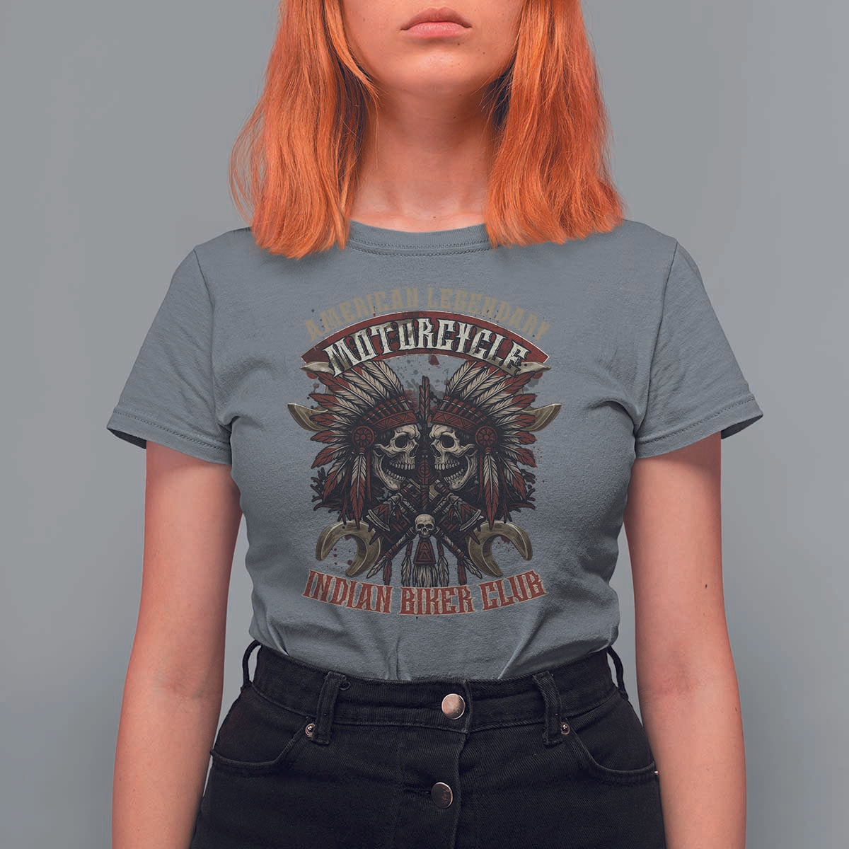 American Legendary Motorcycle Indian Biker Club T Shirt For Women Vintage Native American Skull Chief - Wonder Print Shop