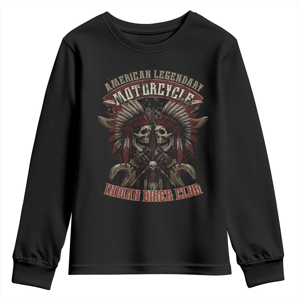 American Legendary Motorcycle Indian Biker Club Youth Sweatshirt Vintage Native American Skull Chief - Wonder Print Shop