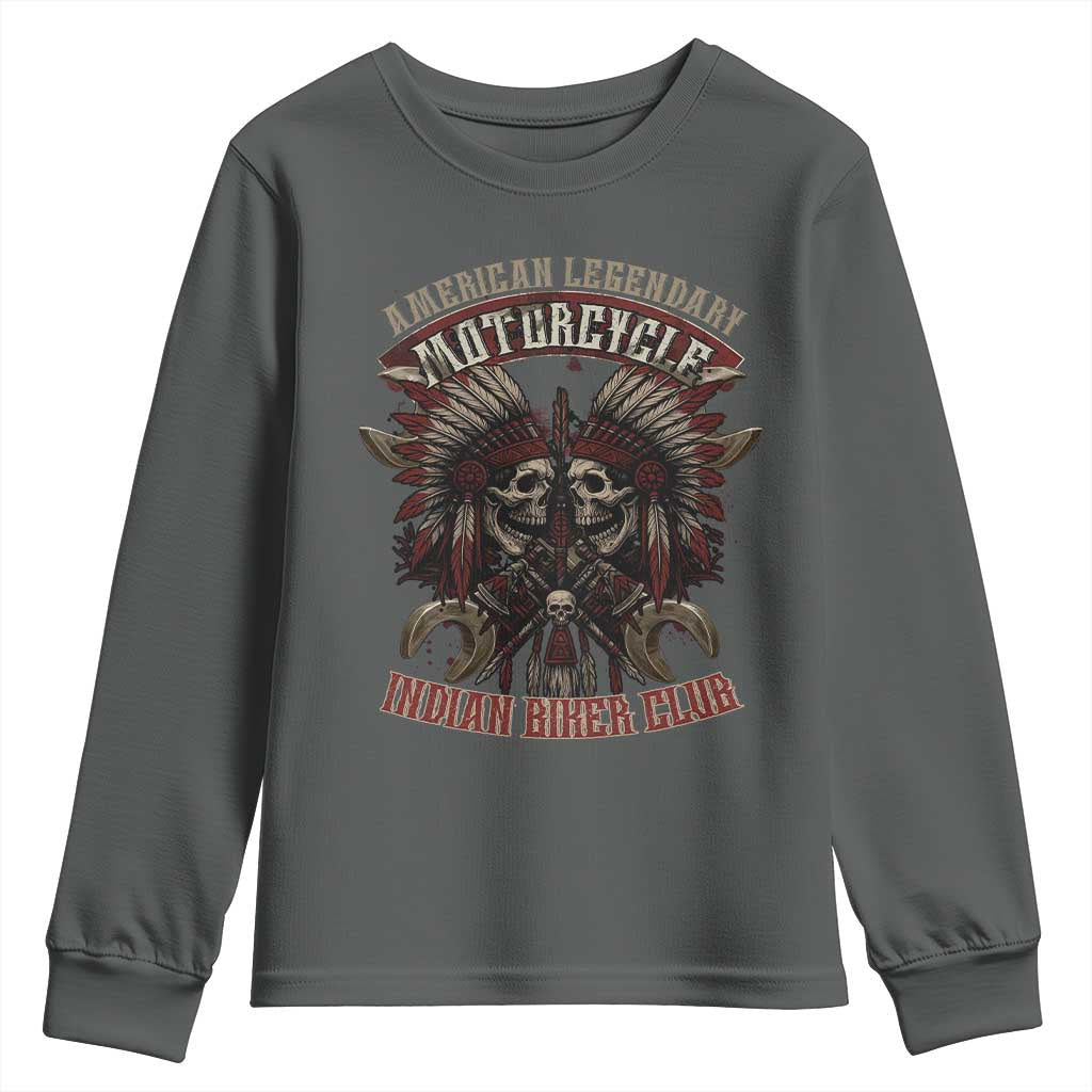 American Legendary Motorcycle Indian Biker Club Youth Sweatshirt Vintage Native American Skull Chief - Wonder Print Shop