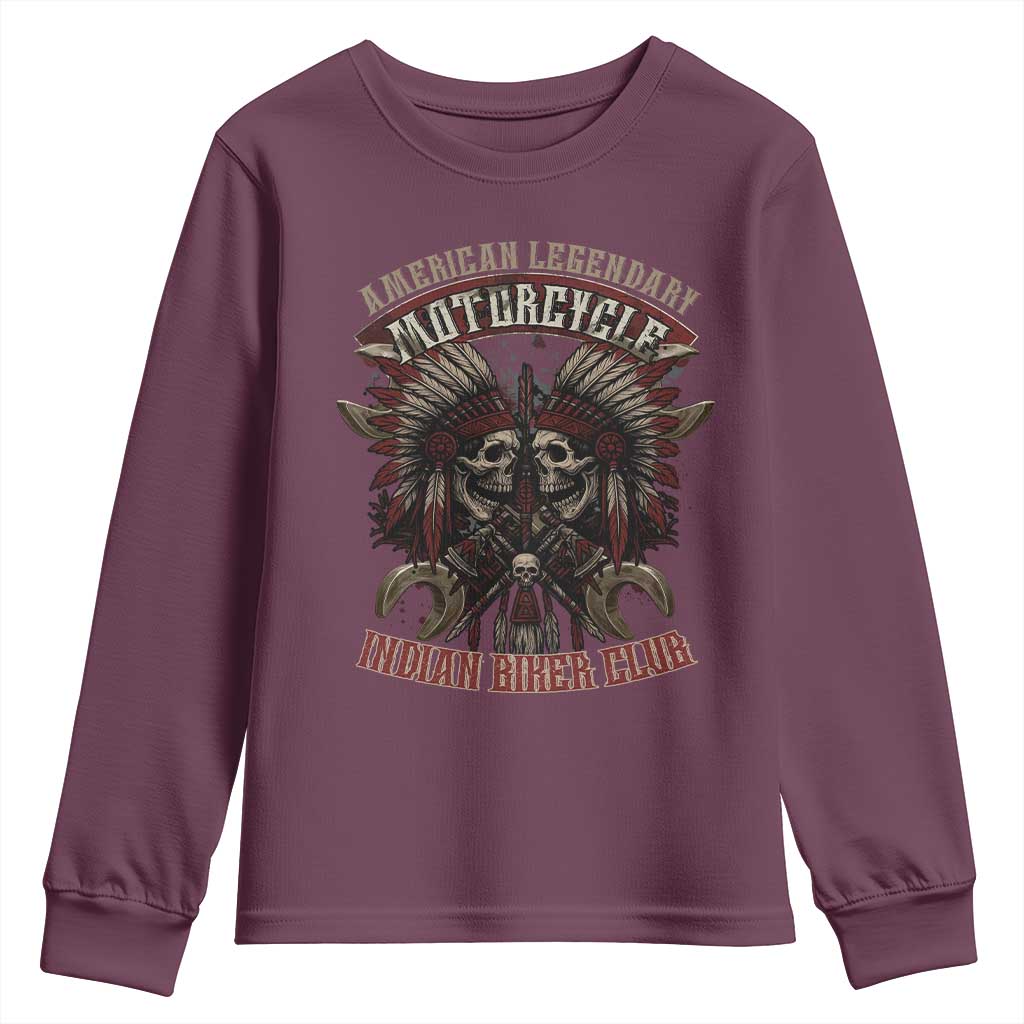 American Legendary Motorcycle Indian Biker Club Youth Sweatshirt Vintage Native American Skull Chief - Wonder Print Shop