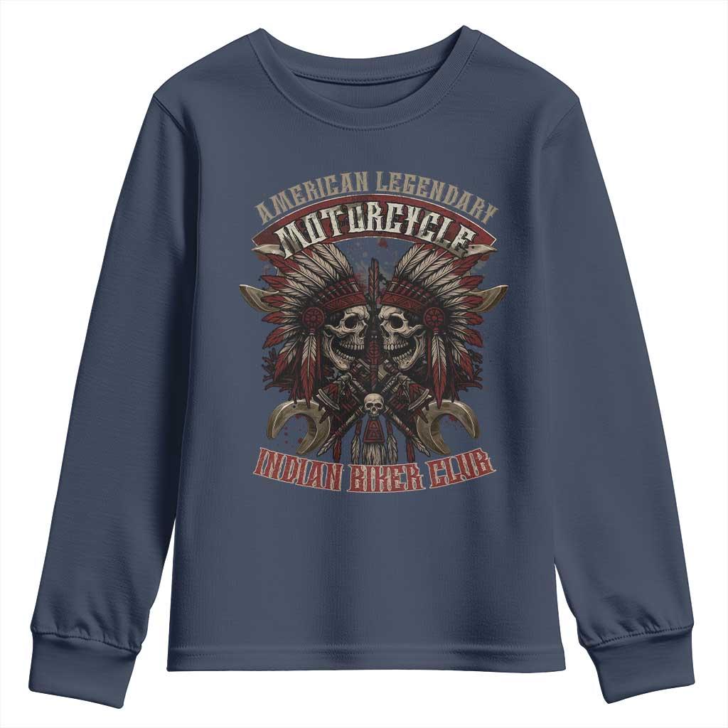 American Legendary Motorcycle Indian Biker Club Youth Sweatshirt Vintage Native American Skull Chief - Wonder Print Shop