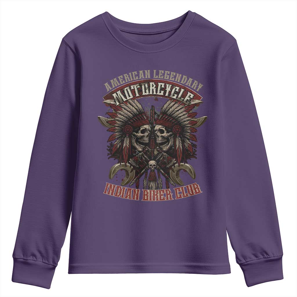 American Legendary Motorcycle Indian Biker Club Youth Sweatshirt Vintage Native American Skull Chief - Wonder Print Shop