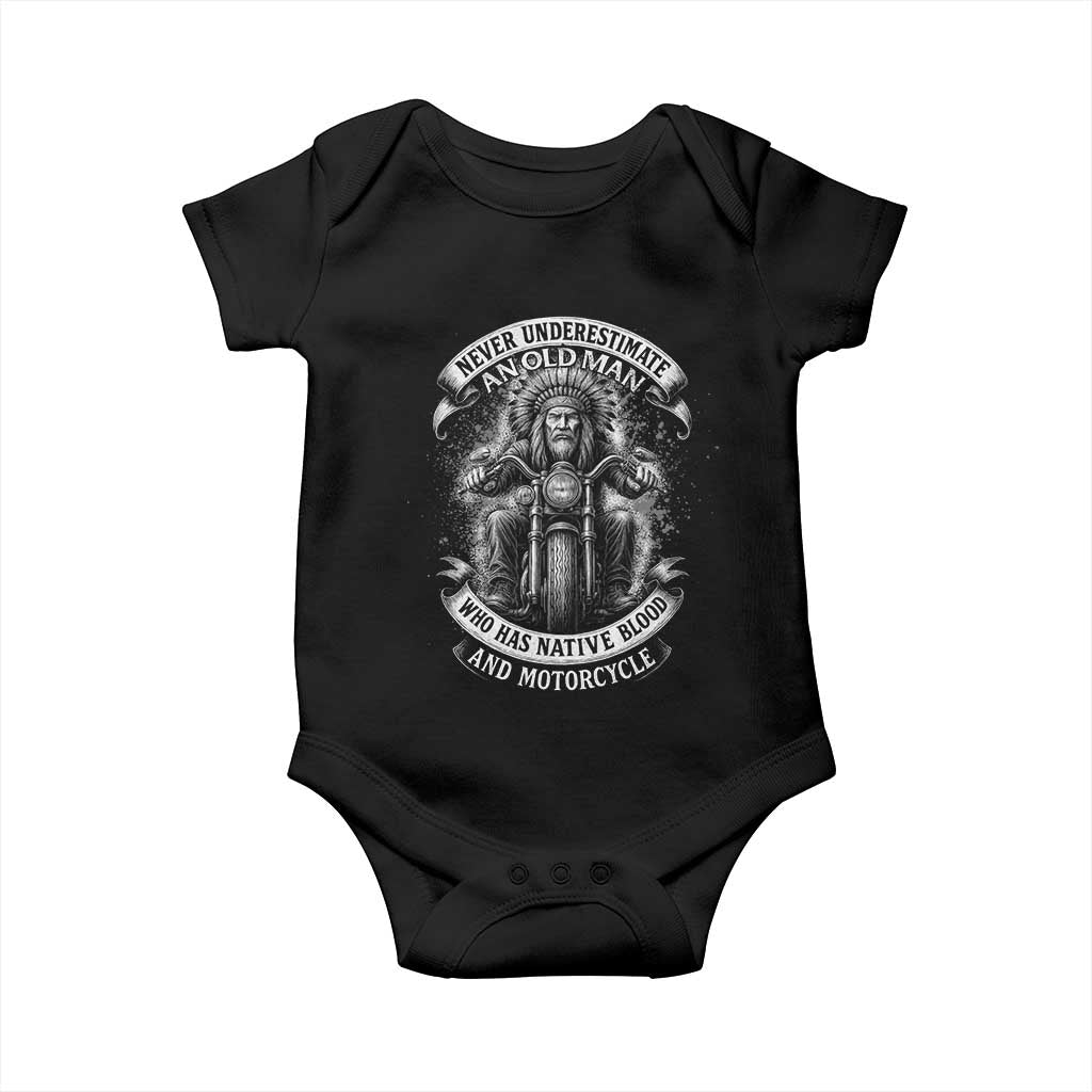 Never Underestimate An Old Man Who Has Native Blood And Motorcycle Baby Onesie Native American Biker - Wonder Print Shop