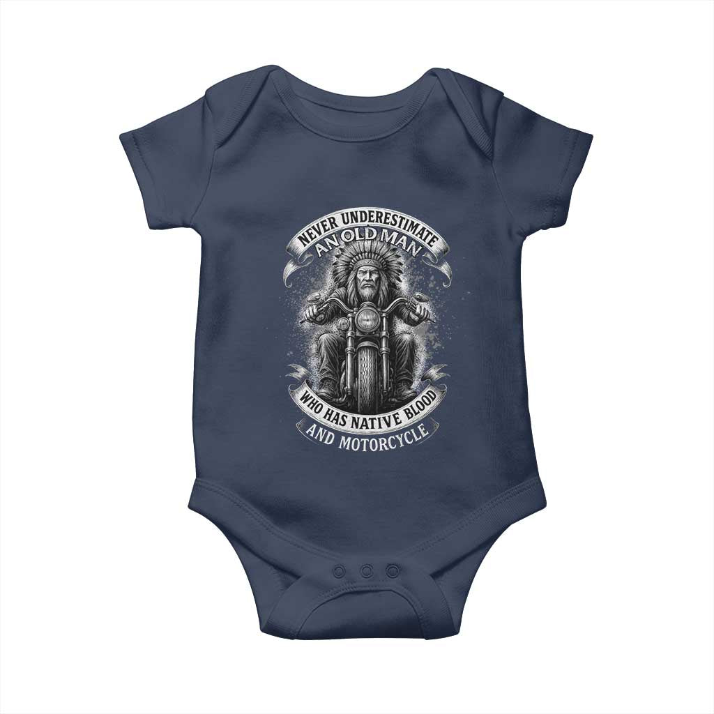 Never Underestimate An Old Man Who Has Native Blood And Motorcycle Baby Onesie Native American Biker - Wonder Print Shop
