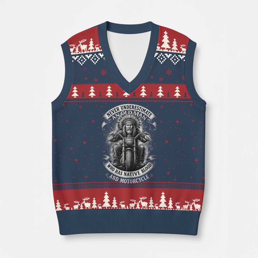 Never Underestimate An Old Man Who Has Native Blood And Motorcycle V-Neck Knit Sweater Vest Native American Biker - Wonder Print Shop