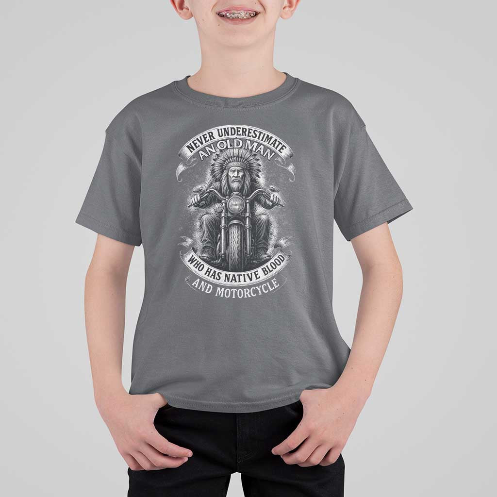 Never Underestimate An Old Man Who Has Native Blood And Motorcycle T Shirt For Kid Native American Biker - Wonder Print Shop