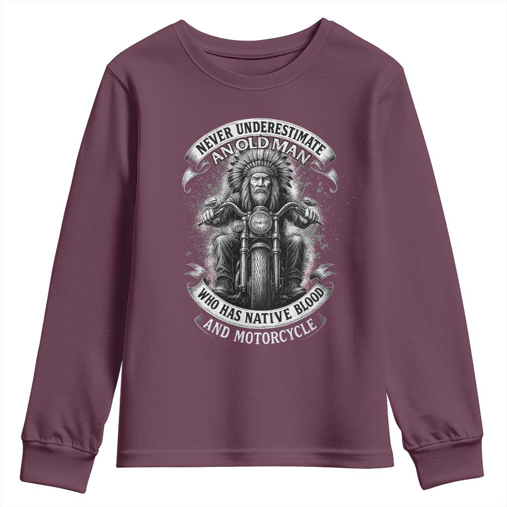Never Underestimate An Old Man Who Has Native Blood And Motorcycle Youth Sweatshirt Native American Biker - Wonder Print Shop